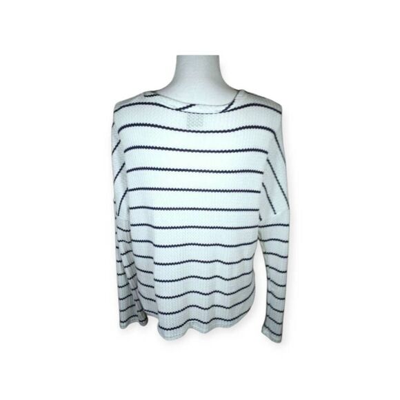 PAPER CRANE WHITE & NAVY STRIPE WAFFLE KNIT BUTTON DOWN SHIRT SZ.M EUC - Picture 4 of 6